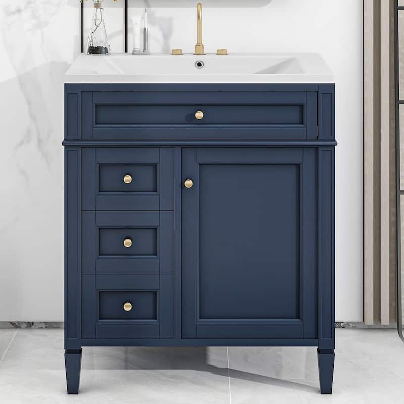 30" Modern Bathroom Vanity with Top Sink and 2 Drawers and a Tip-out Drawer - Blue - Without Mirror Cabinet