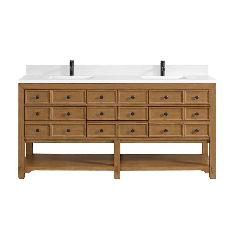 Malibu 72" Double Vanity Cabinet, Amber Birch - White Zeus - Single Hole