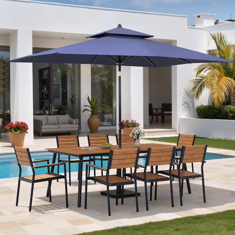 11PC Outdoor Patio Dining Set Wood-Like Aluminum Table with Stackable Armchairs,Double Top Market Umbrella and Wheel Base - BrownTable&BrwonChairs&NavyBlueUmbrella