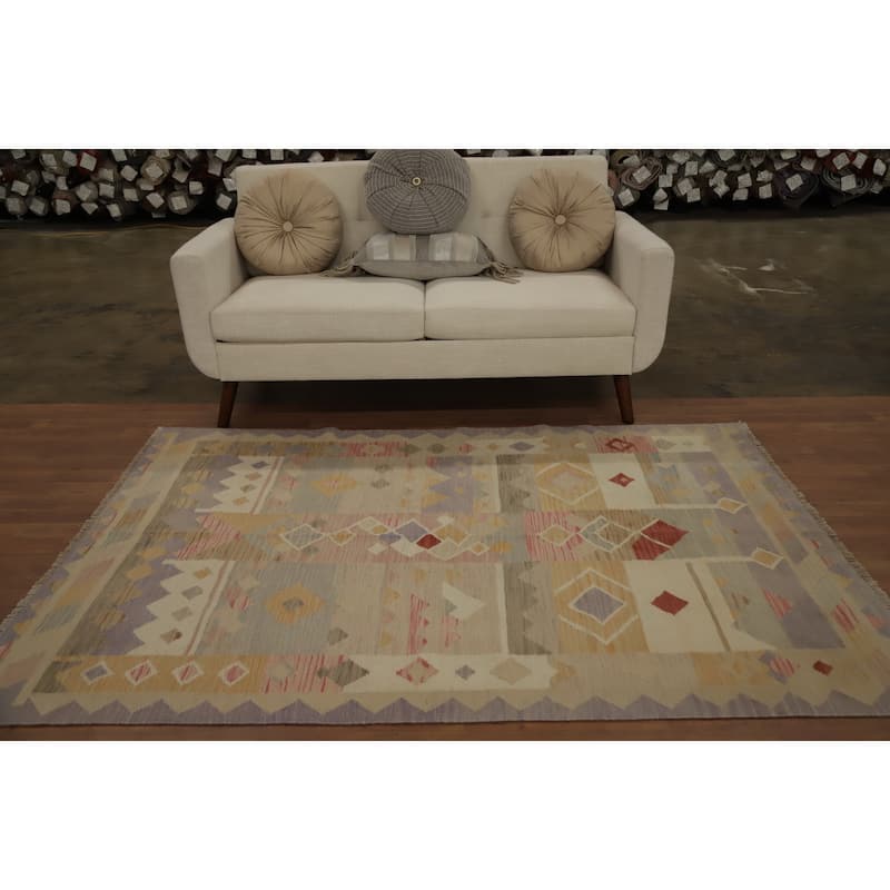 Hand Woven Oriental 100% Wool Carpet Southwestern Tribal Multi-Colored Kilim Area Rug - 6' 8'' X 4' 9''