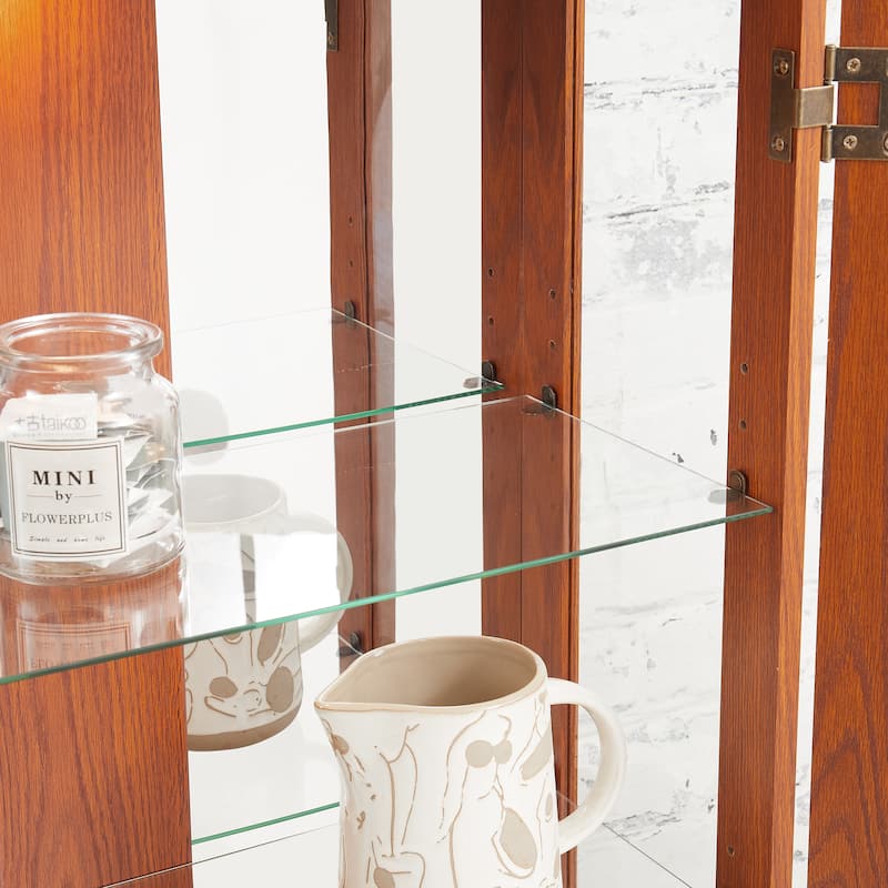 Lighted Curio Cabinet with 2 Glass Doors, Mirrored Back Panel, Adjustable Shelves & Built-in Bulb, Retro Display Cabinet