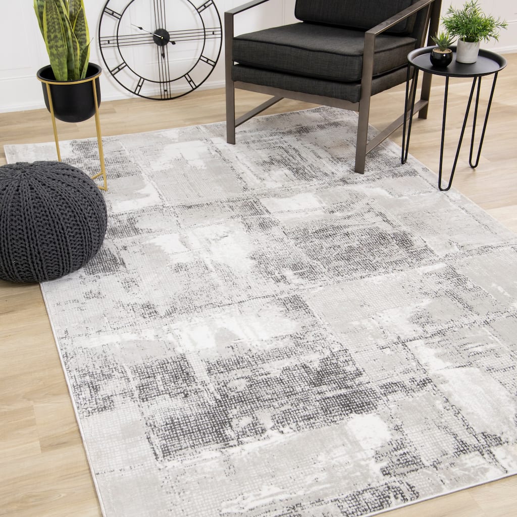 Alpine Rug Co. Washable White/Grey Abstract Area Rug