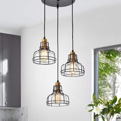Black and Antique Gold 3-Light Pendant with Clear Glass Shade
