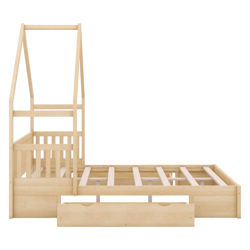 House Platform Bed with Guardrail and 2 Drawers