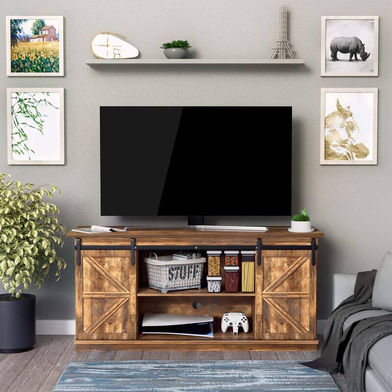 TV Stand 2 -shelf for TVs 43'' up to 65''. Simple living and Modern Mid-century, farmhouse barn door -easy to store something