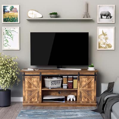 TV Stand 2 -shelf for TVs 43'' up to 65''. Simple living and Modern Mid-century, farmhouse barn door -easy to store something