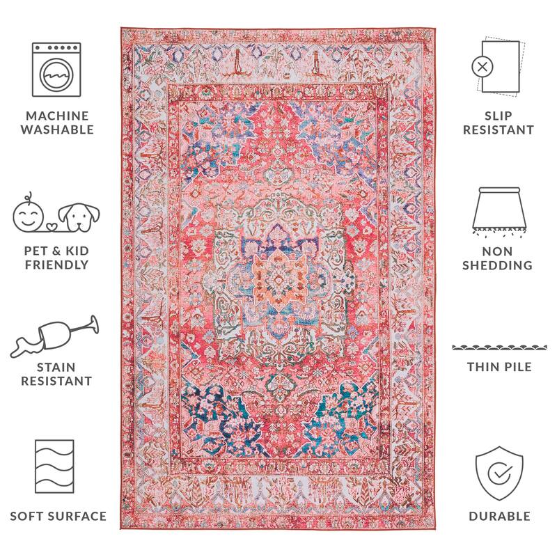 SAFAVIEH Tucson Machine Washable Slip Resistant Fedra Oriental Medallion - 3' x 5' - Rose/Beige