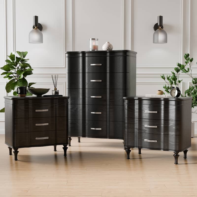 Furniture of America Seabliss Glam 3-Piece Black Solid Wood Chest and 2-Nightstand Bedroom Set - Black