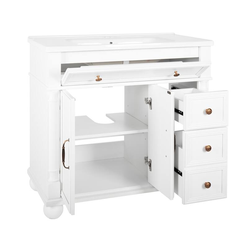 35.6-Inch Mid-Century Bathroom Vanity Sink with Roman Column Base, Farmhouse Freestanding Vanity Cabinet