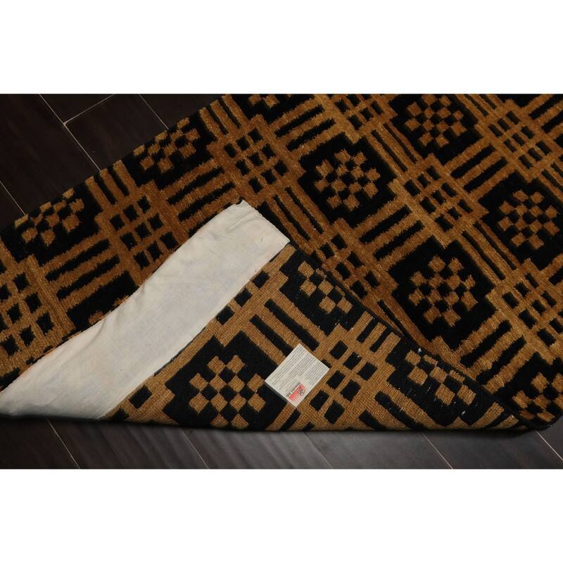 Tibetan Art Deco Authentic Swiss Wash 2'7''x9'7'' Hand Knotted Wool Black Rug - 2' 7'' x 9' 7''