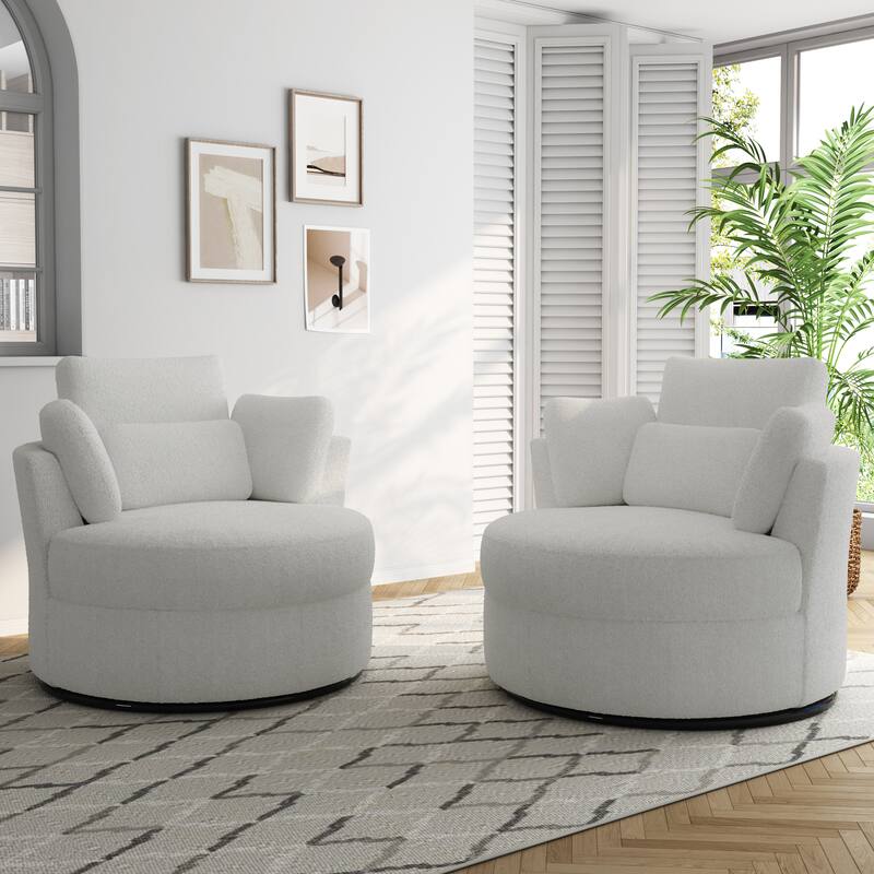 Set of 2 Upholstered Swivel Accent Barrel Chairs with Toss Pillows - Boucle - Ivory/Boucle