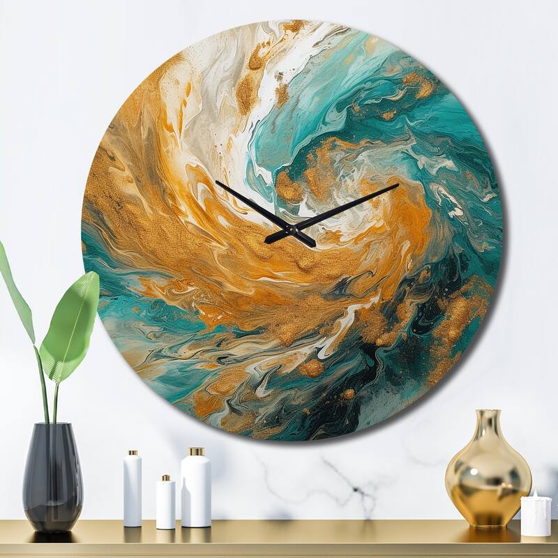 Designart "Golden Ocean Spiral Waves Painting I" Abstract Spirals Oversized Wall Clock - 29 In. Wide x 29 In. High