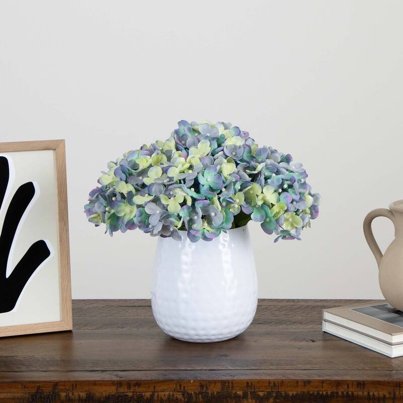 Floral Hydrangea Artificial Arrangement with Metal Vase - 11" - Blue