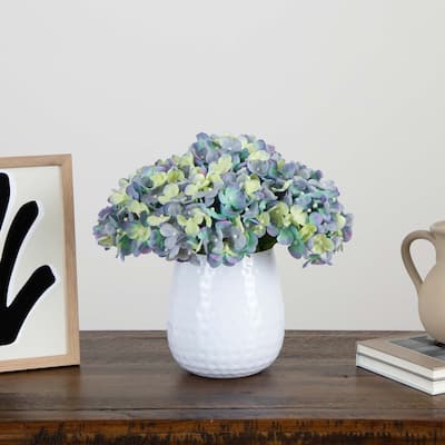 Floral Hydrangea Artificial Arrangement with Metal Vase - 11" - Blue