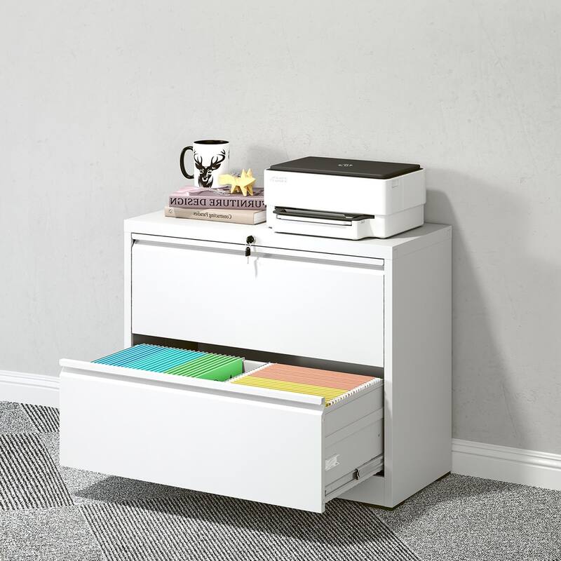 2 Drawer White Filing Cabinet with Lock - White