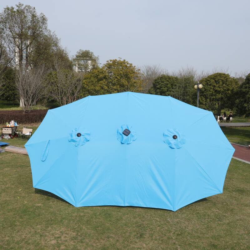 15x9 ft Large Double-Sided Rectangular Outdoor Twin Patio Market Umbrella with light and base- blue