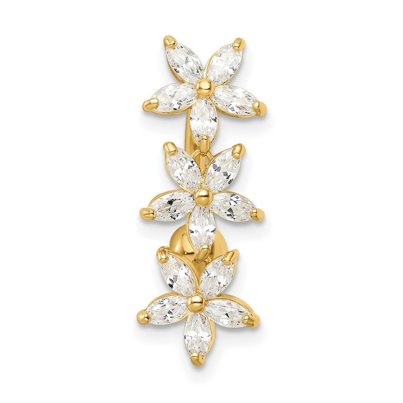 Curata 14k Yellow Gold Marquise CZ Simulated Diamond 3 Flowers Dangle Belly Ring