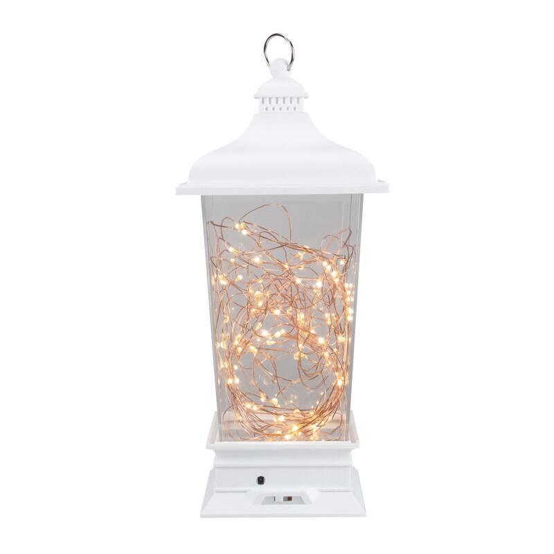 12" Battery Operated White Tapered Lantern with Rice Lights Tabletop Decoration