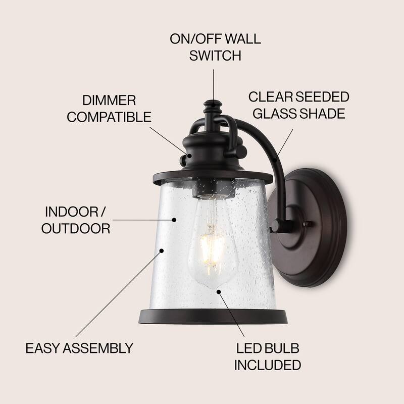 Marais 6.75" Iron/Seeded Glass Vintage Rustic LED Outdoor Lantern, Oil Rubbed Bronze by JONATHAN Y