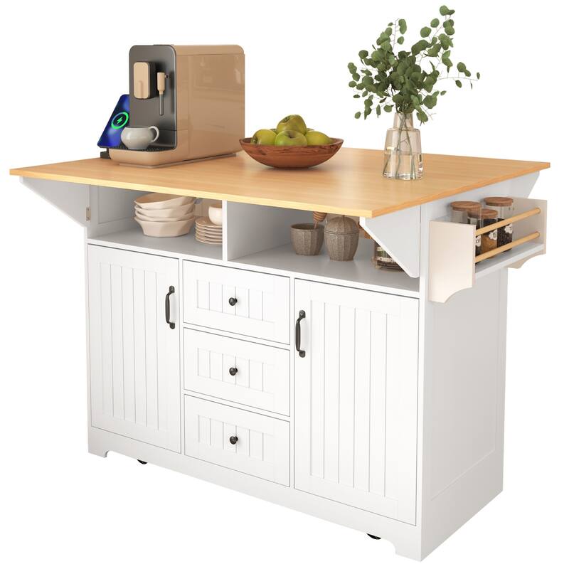 55.75'' Kitchen Island with 2 Drop Leaf, Rolling Wheels, Power Outlet, Spice & Towel Rack and 3 Drawers