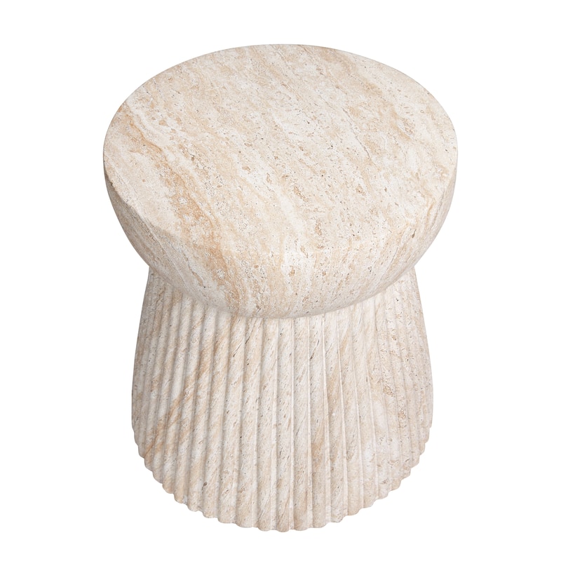 Fluted Travertine Stone Finish Italian Design MgO Side Accent Table - 14.6"x14.6"x17"