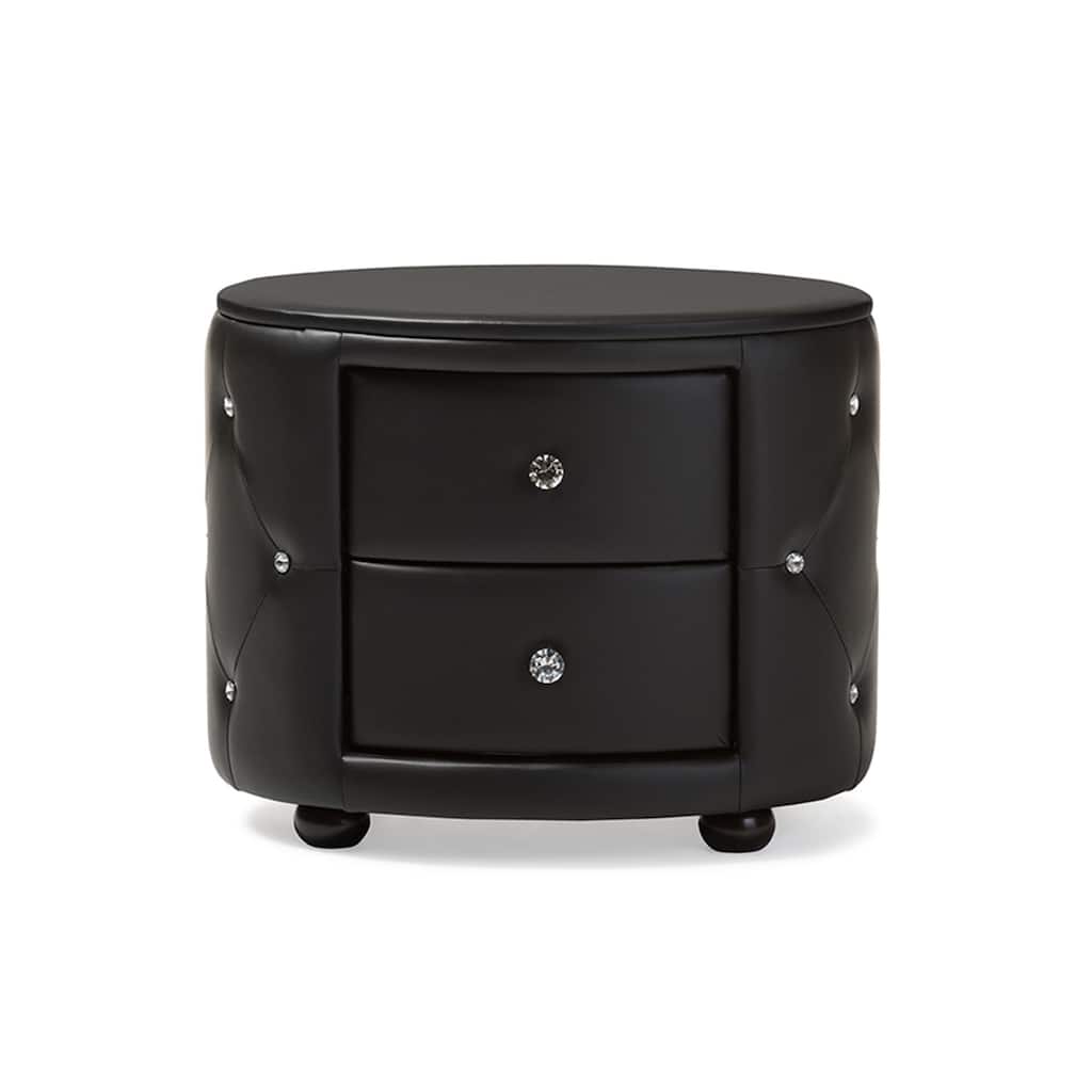 Glam Oval 2-Drawer Faux Leather Nightstand with Crystal Tufting and Smooth Black Upholstery