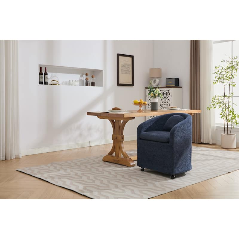 Set of 1 Chenille Fabric Dining Armchair With Back Cushion and Universal Wheels,Blue