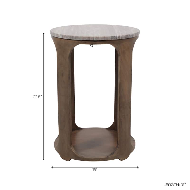 Modern Round Stone Top Accent End Side Table with Wood Base - 22" - 22.25"