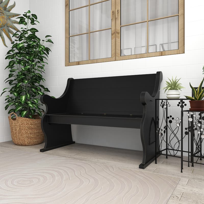 Black Wood Storage Bench with Scrolled Armrests