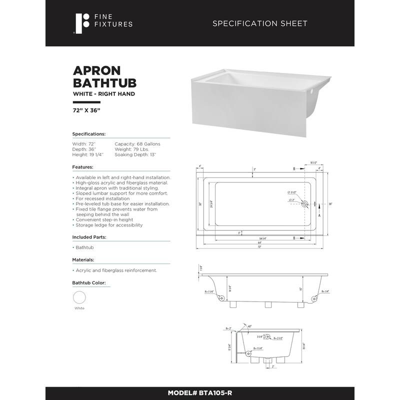 Fine Fixtures Acrylic-Fiberglass Soaking Bathtub, White. Alcove/Apron Front