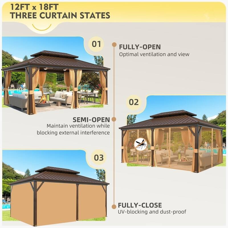 Erommy Hardtop Gazebo with Galvanized Steel Double Roof & Aluminum Frame, Outdoor Gazebo with Curtains and Nettings