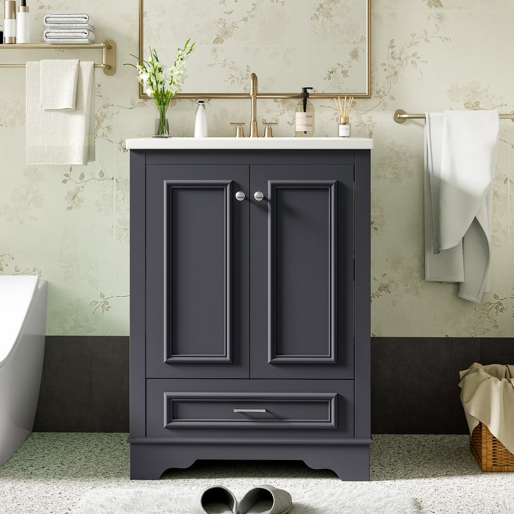 GDFStudio - Halcyon Modern Freestanding Bathroom Vanity with Ceramic Sink and Soft-Closing Storage Doors & Silver Handles