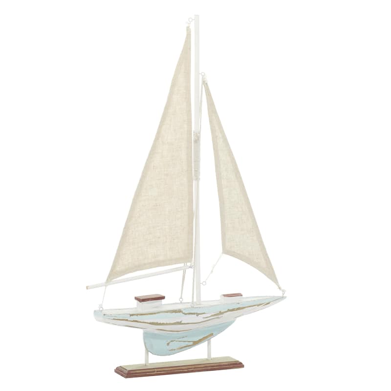 Blue Wood Distressed Sail Boat Decorative Sculpture with Cream Linen Sails and Brown Accents - Blue