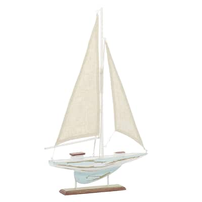 Blue Wood Distressed Sail Boat Decorative Sculpture with Cream Linen Sails and Brown Accents