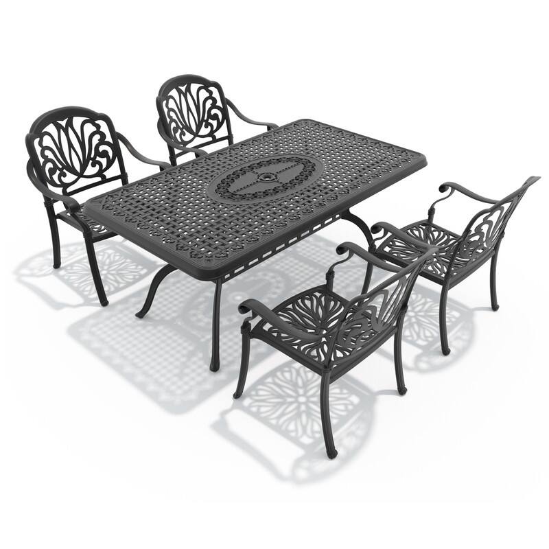 5-Piece Cast Aluminum Outdoor Dining Set with Brown Seat Cushions