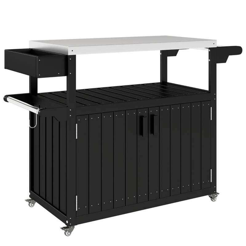 Stainless Steel and HDPE Outdoor Bar Cart with Cabinet, Hooks, and Swivel Casters Mobile Serving Table