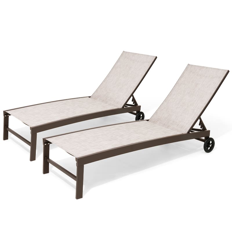 Patio Chaise Lounge Chair Adjustable Aluminum Outdoor Recliners with Wheel - Beige - 2PC