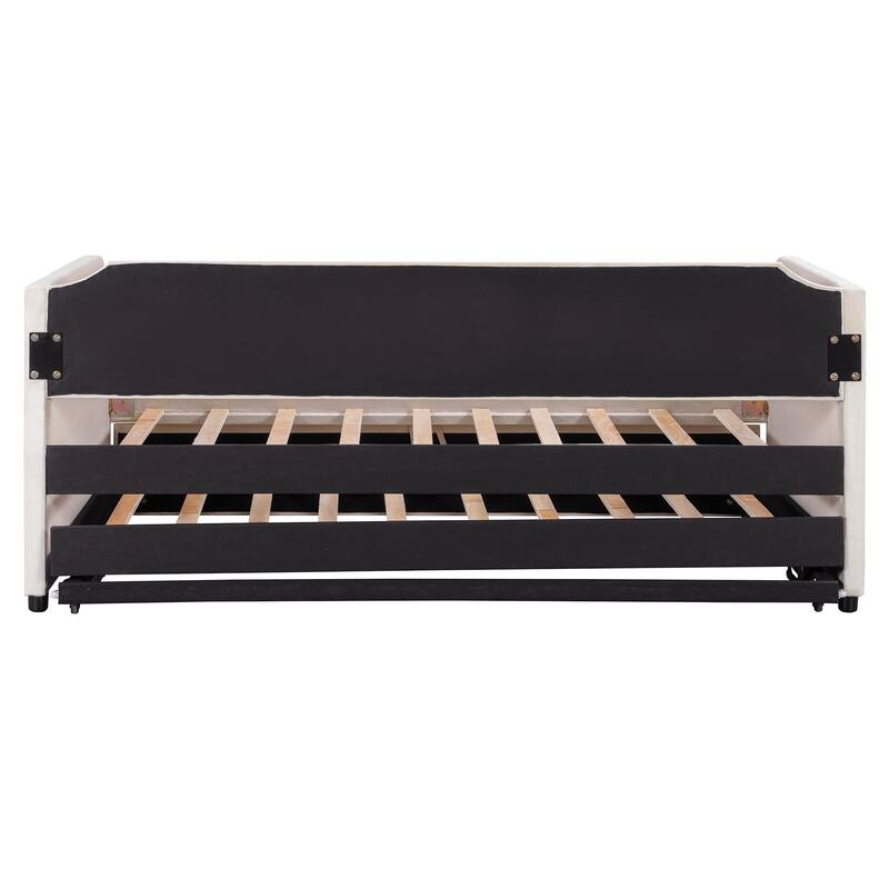 Roomfitters Twin Size Velvet Upholstered Daybed with Pop Up Trundle, Space Saving Sofa Bed Frame with Slats
