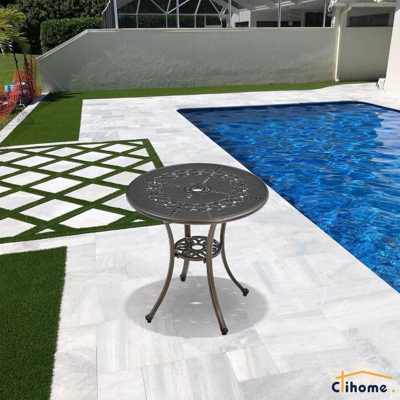 Clihome Cast Aluminum Patio Terrace Dining Table with Umbrella Hole - Brown