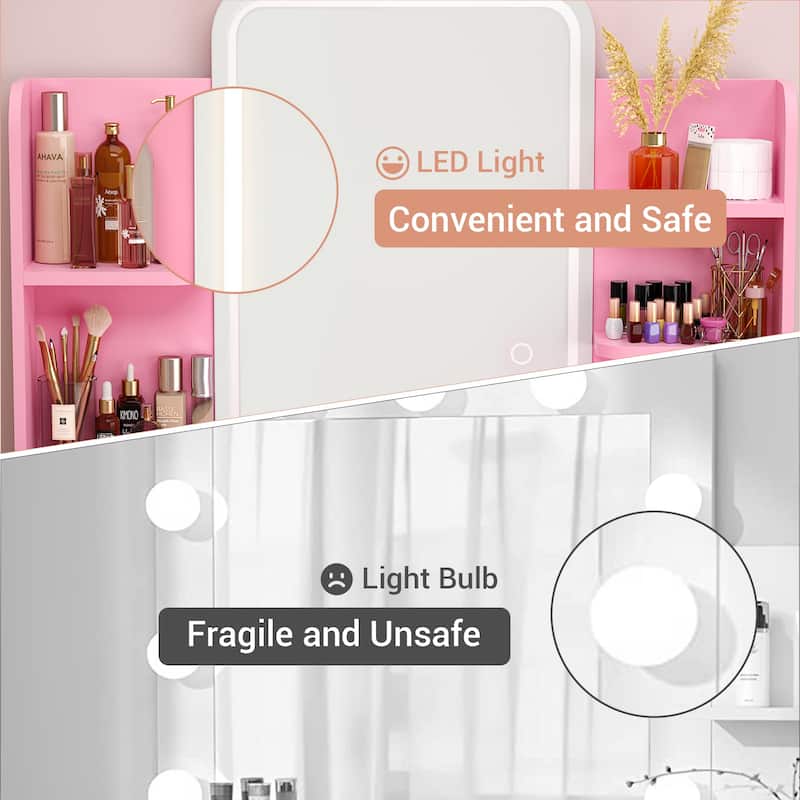Vanity Table with LED Mirror, Kid's Makeup Vanity Desk with 2 Storage Drawers