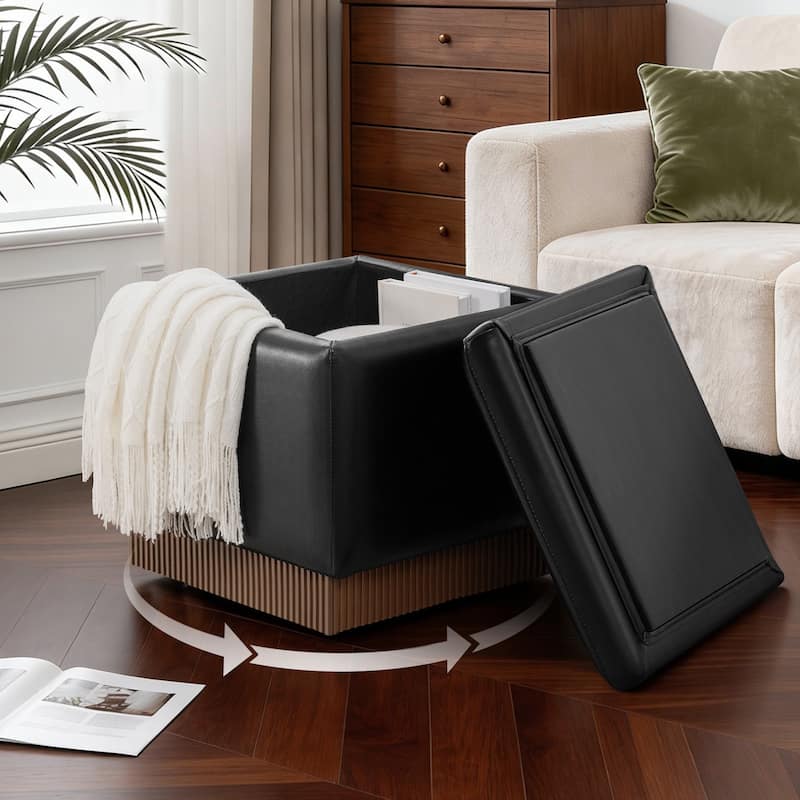 Swivel Storage Ottoman Bench Footstool with Flip-top and Acacia Frame