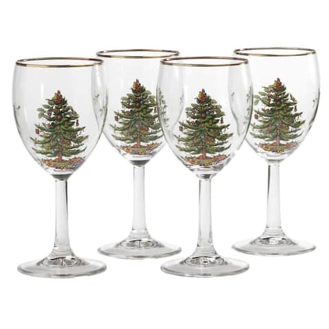 Spode Christmas Tree Wine Glasses with Gold Rims, Set of 4 - 13 oz
