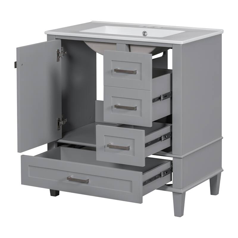 30" Modern Bathroom Vanity with Ceramic Sink, Solid Wood Frame, 3 Drawers & Soft-Close Door - Ample Storage