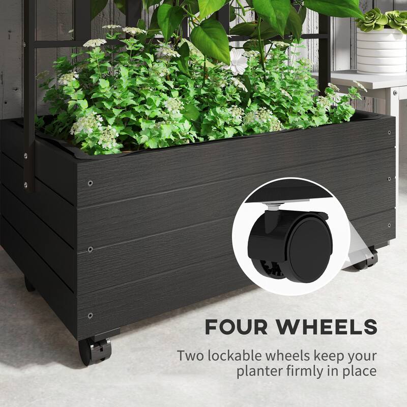 Outsunny Raised Garden Bed with Trellis and Wheels, Outdoor Wooden Elevated Planter Box, Freestanding Raised Flower Bed