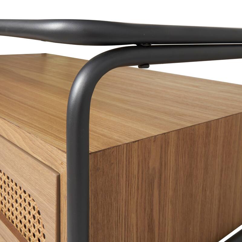 Brown Wooden Living Room Coffee Table with Cane Front Drawers and Gray Metal Frame