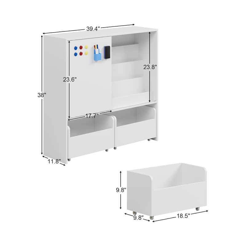 Kids Sliding Door Bookcase with 2 Large Rolling Toy Bins – 39.4" Wide White Children’s Bookshelf Organizer
