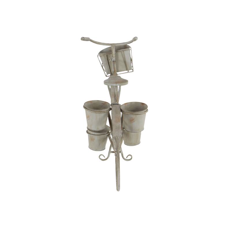 Gray Metal Distressed Indoor Outdoor Scroll 3 Tier Bike Indoor Outdoor Plantstand with Fleur De Lis Wheels