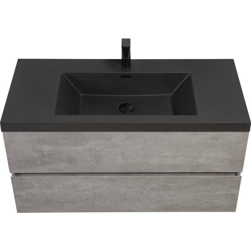36" Wall-Mounted Floating Vanity with Premium Quartz Sand Basin, Grey Modern Storage Cabinet