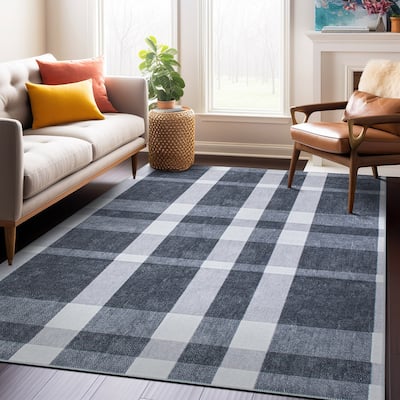 Contemporary Modern Plaid Machine Washable Area Rug