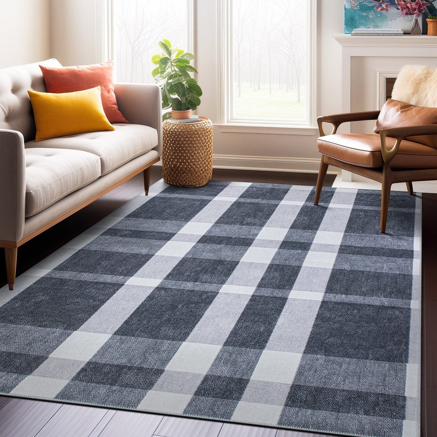 Contemporary Modern Plaid Machine Washable Area Rug